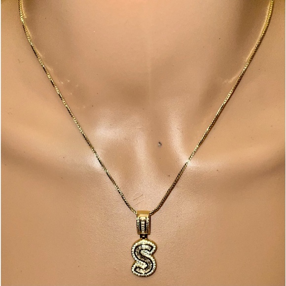 FASHION JEWELRY CHAIN STAINLESS STEEL LETTER S WITH ZIRCONIA MEDAL GOLD COLOR - Picture 13 of 13
